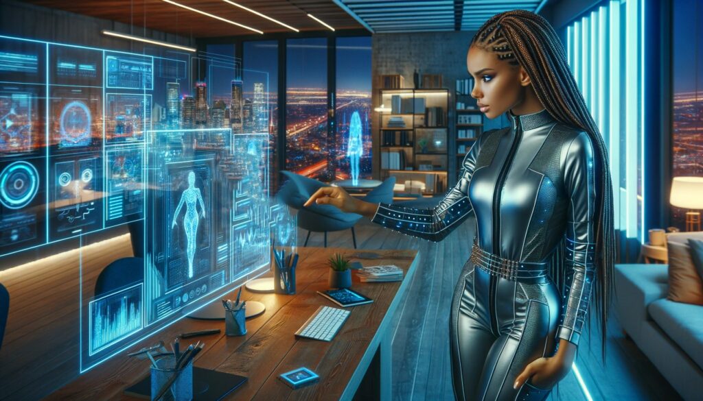 An African American Woman in a futuristic, high-tech home office - Omino Web Design