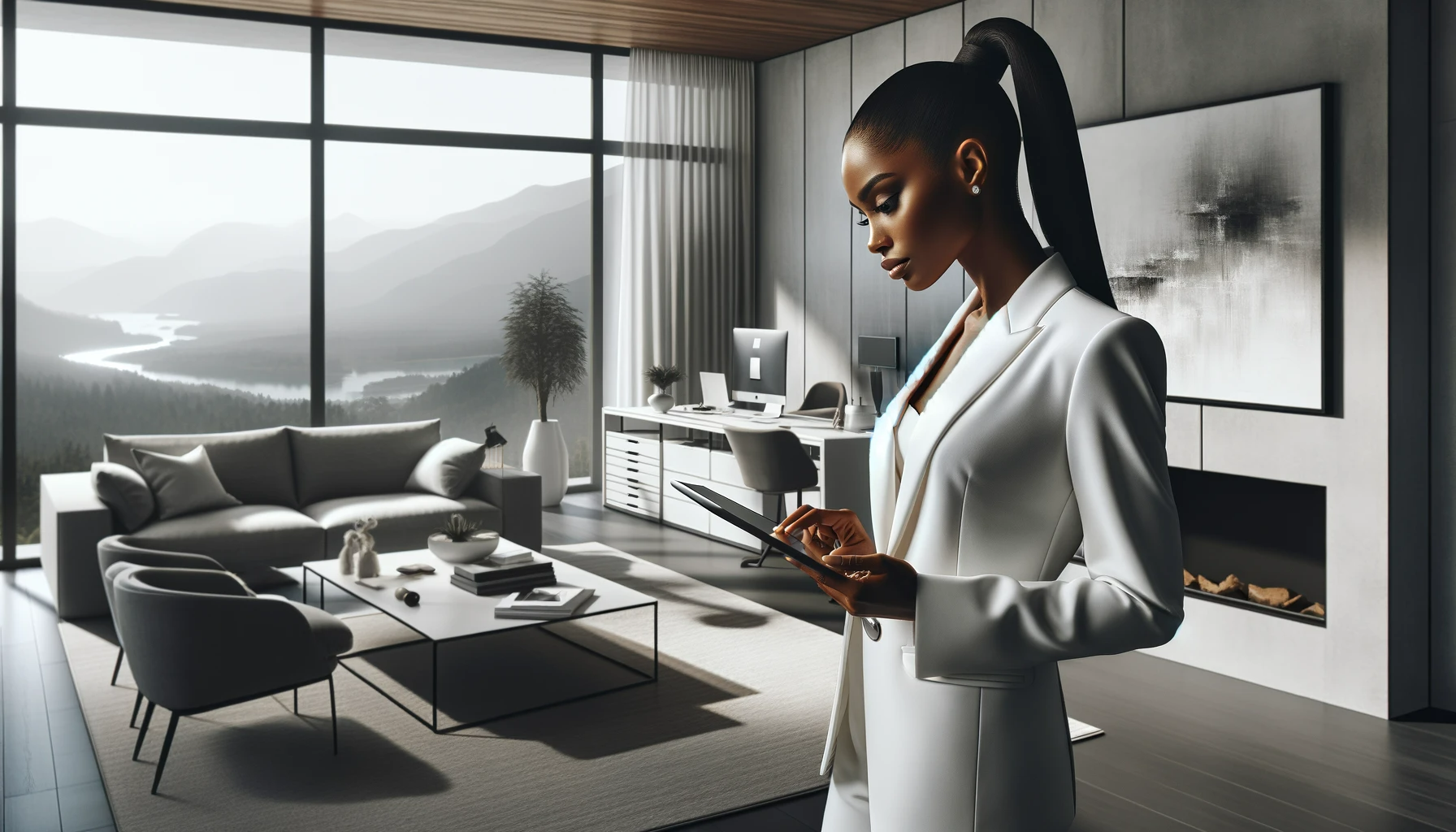 An African American business woman in a sophisticated white pantsuit, with a sleek pony - omino web design